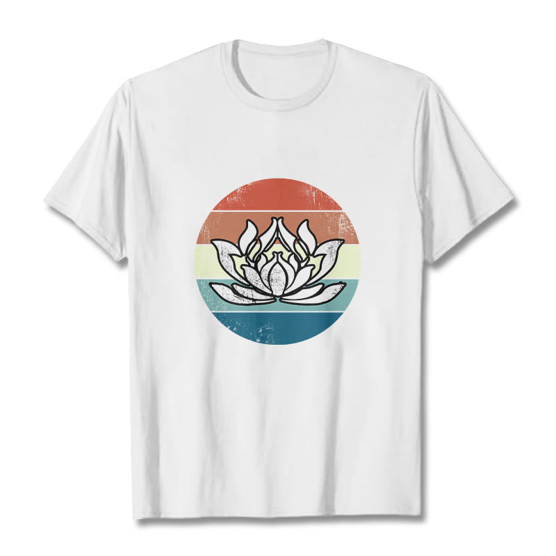 Buddha Stones Blooming Lotus Colorful Striped Pattern Cotton Tee T-shirt - White - 2XL - image 5