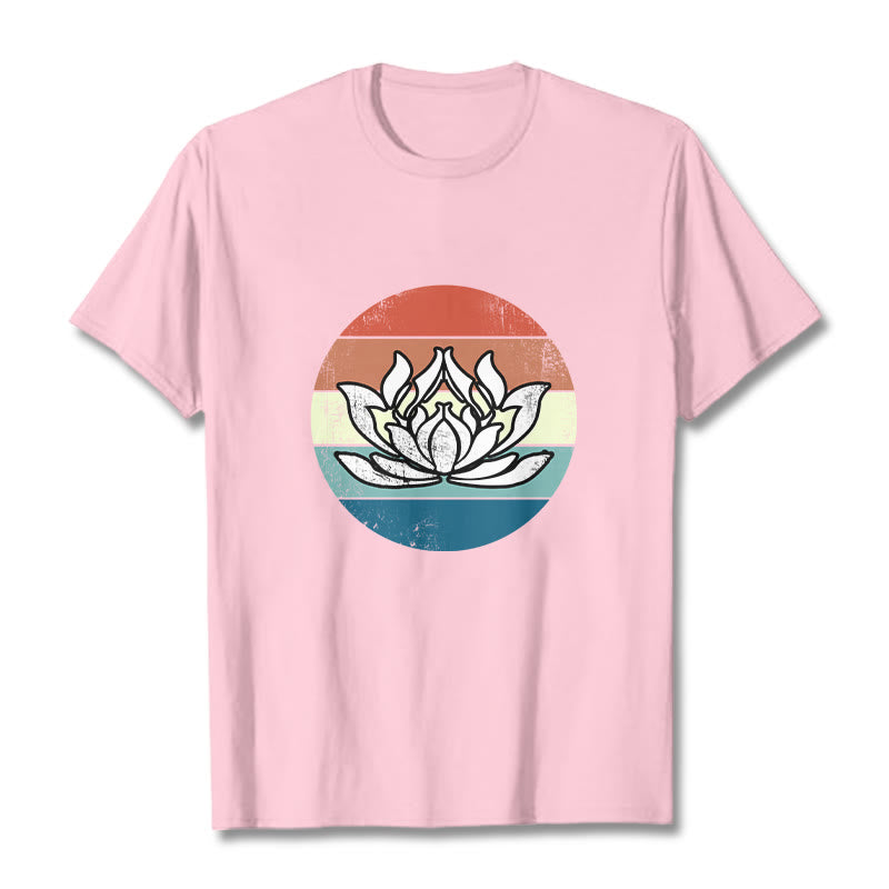 Buddha Stones Blooming Lotus Colorful Striped Pattern Cotton Tee T-shirt - LightPink - 2XL - image 12
