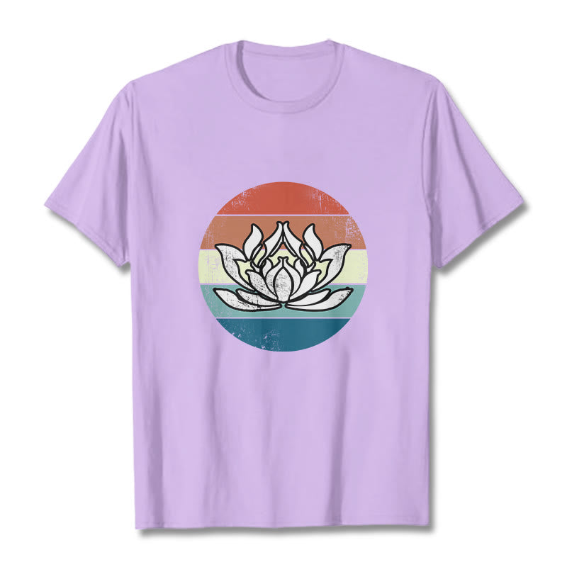 Buddha Stones Blooming Lotus Colorful Striped Pattern Cotton Tee T-shirt - Plum - 2XL - image 16