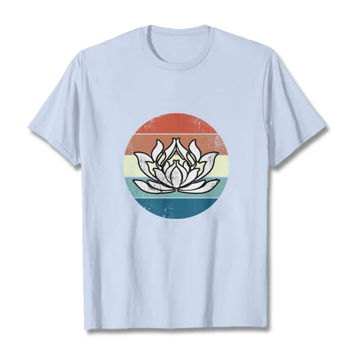 Buddha Stones Blooming Lotus Colorful Striped Pattern Cotton Tee T-shirt - LightCyan - 2XL - image 18