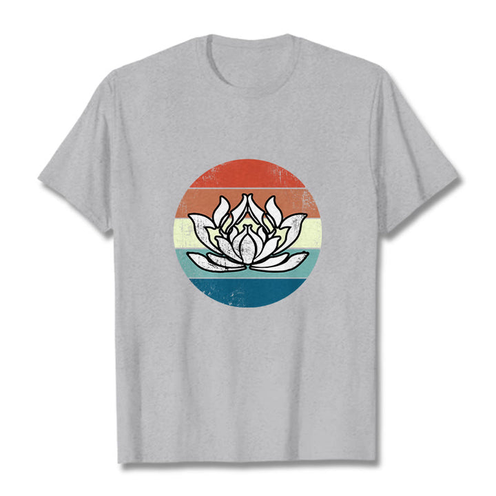 Buddha Stones Blooming Lotus Colorful Striped Pattern Cotton Tee T-shirt - LightGrey - 2XL - image 19
