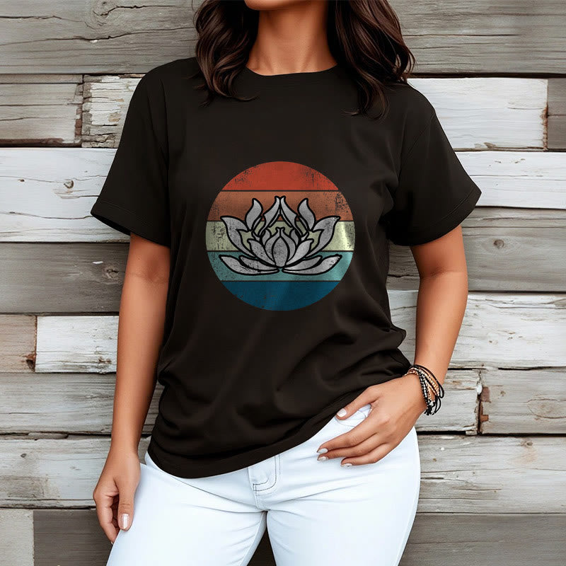 Buddha Stones Blooming Lotus Colorful Striped Pattern Cotton Tee T-shirt - image 1