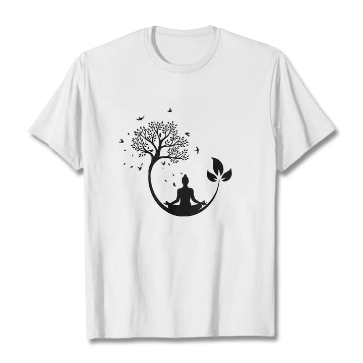 Buddha Stones Buddha Meditating In A Tree Pattern Cotton Tee T-shirt - White - 2XL - image 0