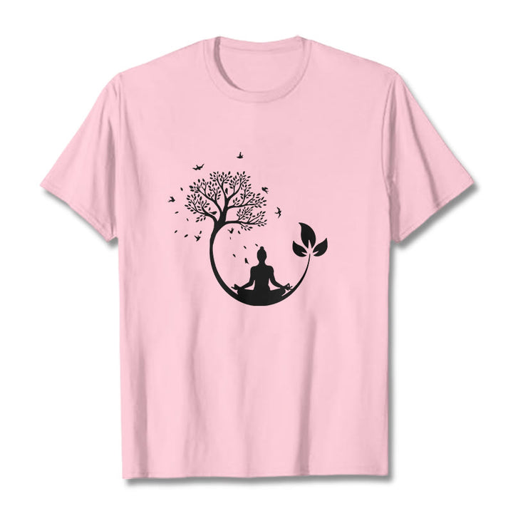 Buddha Stones Buddha Meditating In A Tree Pattern Cotton Tee T-shirt - LightPink - 2XL - image 12