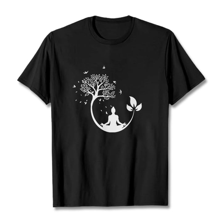 Buddha Stones Buddha Meditating In A Tree Pattern Cotton Tee T-shirt - Black - 2XL - image 4