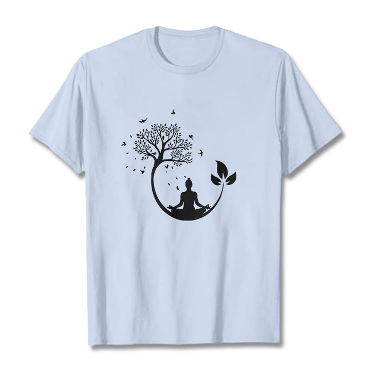 Buddha Stones Buddha Meditating In A Tree Pattern Cotton Tee T-shirt - LightCyan - 2XL - image 18