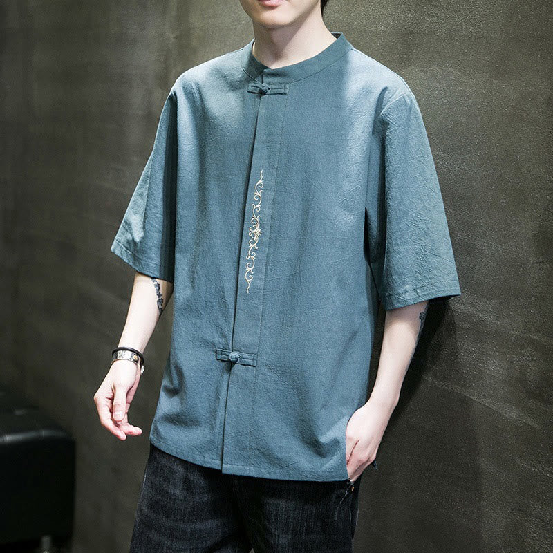 Buddha Stones Casual Solid Color Frog-Button Embroidery Men's Cotton Linen Shirt - image 1