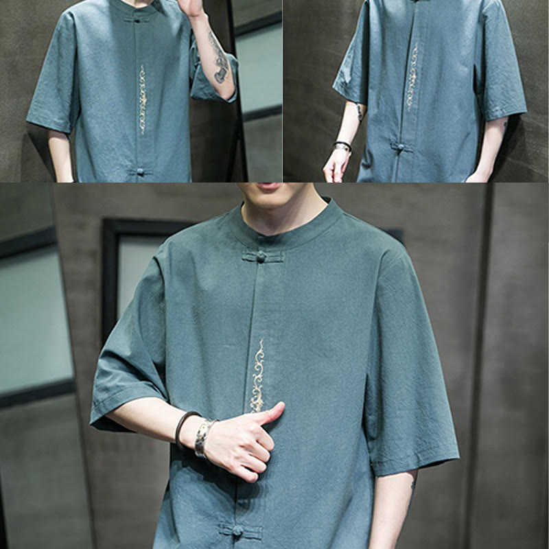 Buddha Stones Casual Solid Color Frog-Button Embroidery Men's Cotton Linen Shirt - image 8