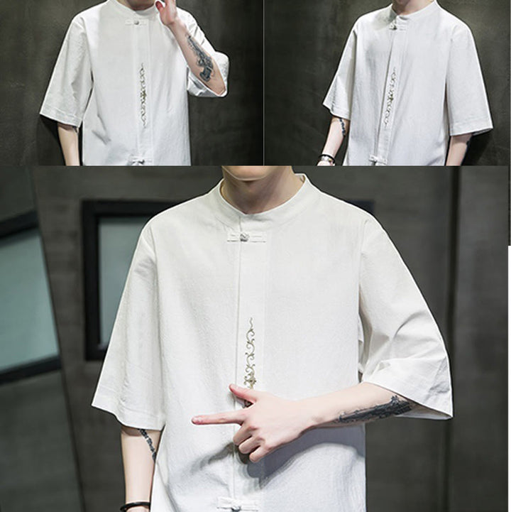 Buddha Stones Casual Solid Color Frog-Button Embroidery Men's Cotton Linen Shirt - image 32