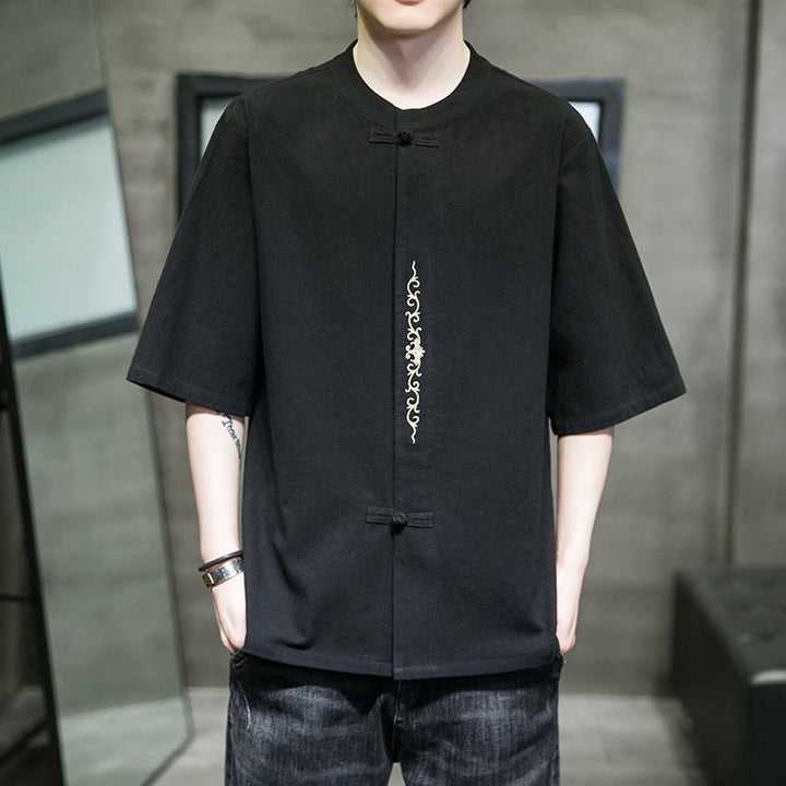 Buddha Stones Casual Solid Color Frog-Button Embroidery Men's Cotton Linen Shirt - image 21