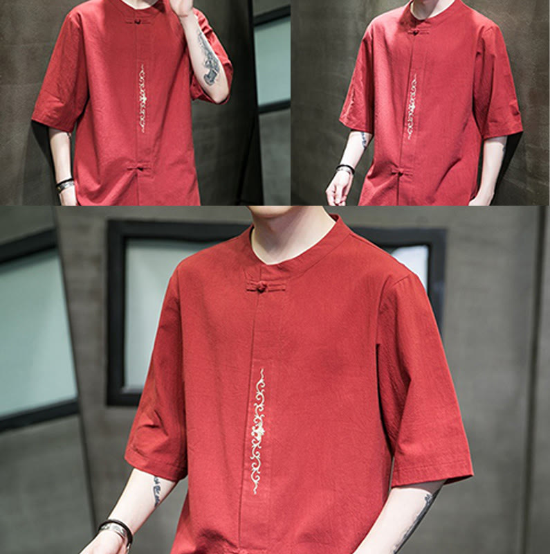 Buddha Stones Casual Solid Color Frog-Button Embroidery Men's Cotton Linen Shirt - image 16