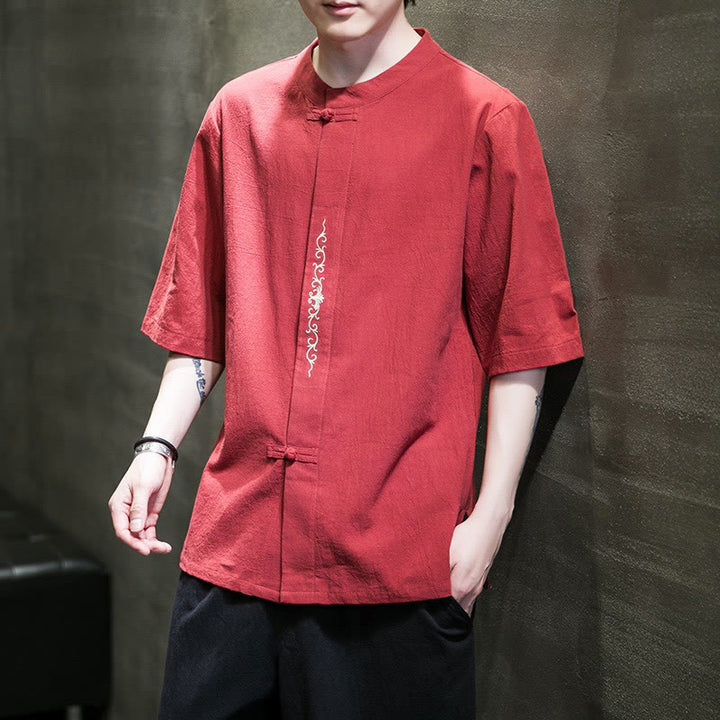 Buddha Stones Casual Solid Color Frog-Button Embroidery Men's Cotton Linen Shirt - Red - US/UK/AU46，EU56 (5XL) - image 9