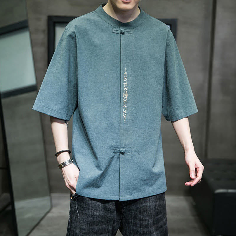 Buddha Stones Casual Solid Color Frog-Button Embroidery Men's Cotton Linen Shirt Cardigan - CadetBlue - US/UK/AU46，EU56 (5XL) - image 0