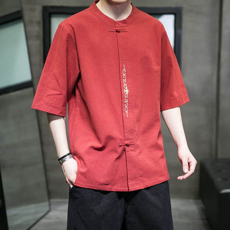 Buddha Stones Casual Solid Color Frog-Button Embroidery Men's Cotton Linen Shirt - image 10