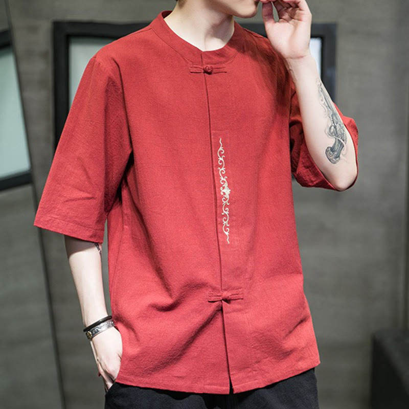 Buddha Stones Casual Solid Color Frog-Button Embroidery Men's Cotton Linen Shirt - image 12