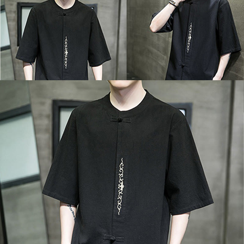 Buddha Stones Casual Solid Color Frog-Button Embroidery Men's Cotton Linen Shirt - image 24