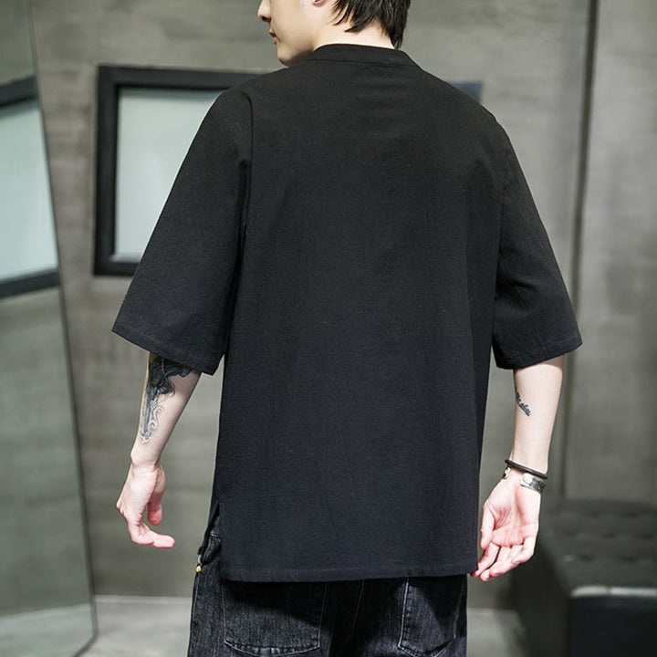 Buddha Stones Casual Solid Color Frog-Button Embroidery Men's Cotton Linen Shirt - image 19