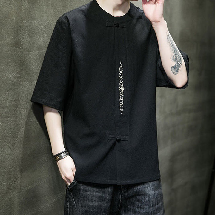 Buddha Stones Casual Solid Color Frog-Button Embroidery Men's Cotton Linen Shirt - image 22