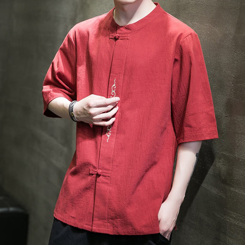 Buddha Stones Casual Solid Color Frog-Button Embroidery Men's Cotton Linen Shirt - image 14