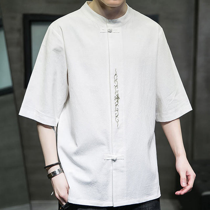 Buddha Stones Casual Solid Color Frog-Button Embroidery Men's Cotton Linen Shirt - image 28