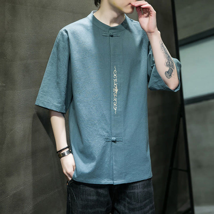 Buddha Stones Casual Solid Color Frog-Button Embroidery Men's Cotton Linen Shirt - image 6