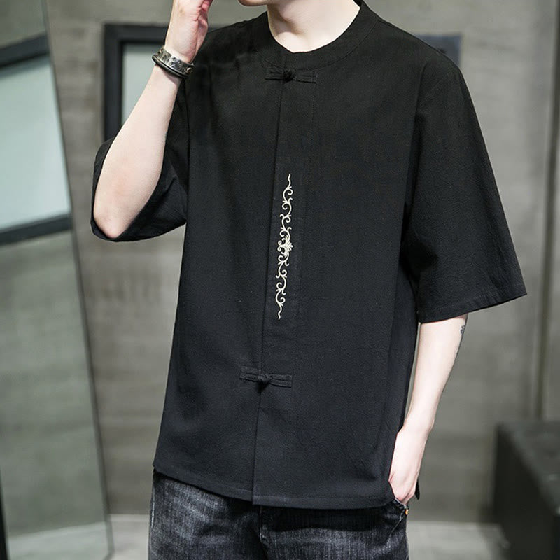 Buddha Stones Casual Solid Color Frog-Button Embroidery Men's Cotton Linen Shirt - image 18