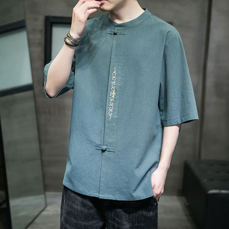 Buddha Stones Casual Solid Color Frog-Button Embroidery Men's Cotton Linen Shirt - image 4