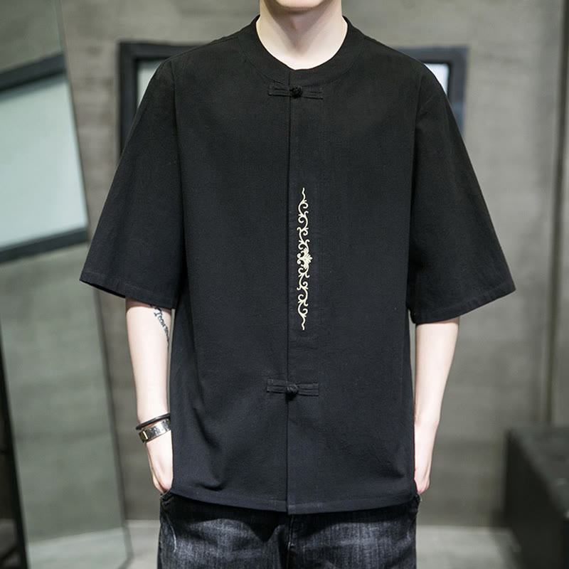 Buddha Stones Casual Solid Color Frog-Button Embroidery Men's Cotton Linen Shirt - Black - US/UK/AU46，EU56 (5XL) - image 17