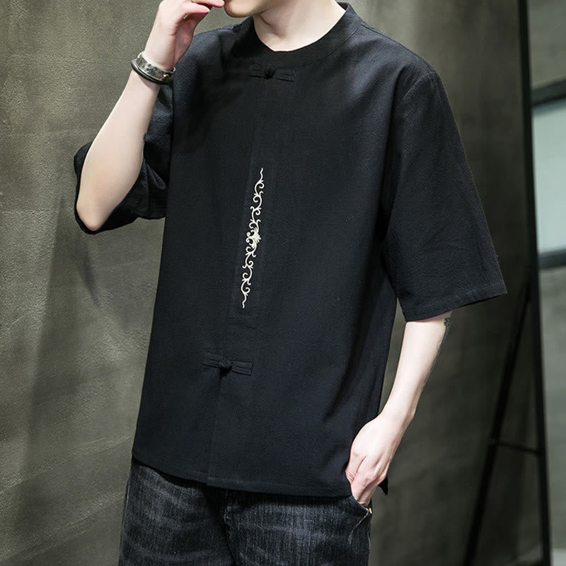 Buddha Stones Casual Solid Color Frog-Button Embroidery Men's Cotton Linen Shirt - image 20