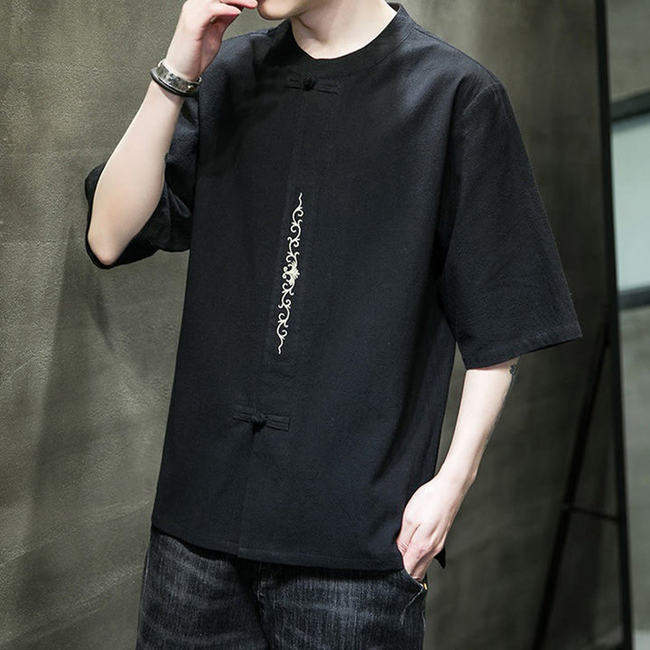 Buddha Stones Casual Solid Color Frog-Button Embroidery Men's Cotton Linen Shirt - image 20