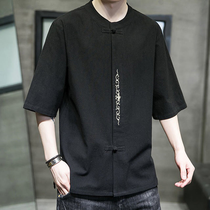 Buddha Stones Casual Solid Color Frog-Button Embroidery Men's Cotton Linen Shirt - image 23