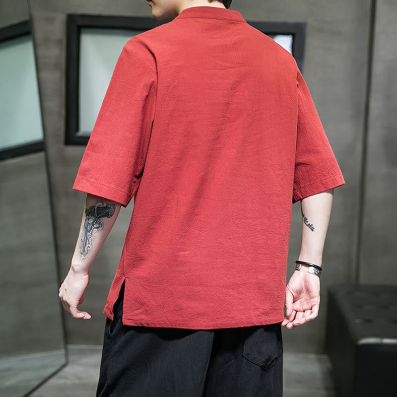 Buddha Stones Casual Solid Color Frog-Button Embroidery Men's Cotton Linen Shirt - image 15