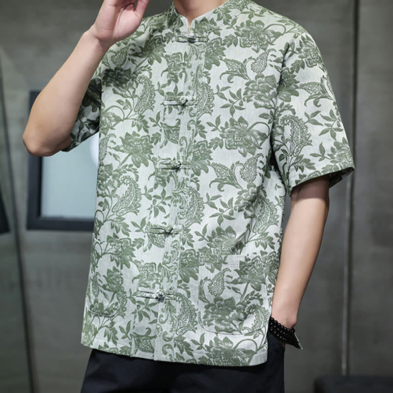 Buddha Stones Casual Jacquard Paisley Flower Plant Pattern Frog-Button Design Men's Cotton Shirt Cardigan With Pockets - image 32