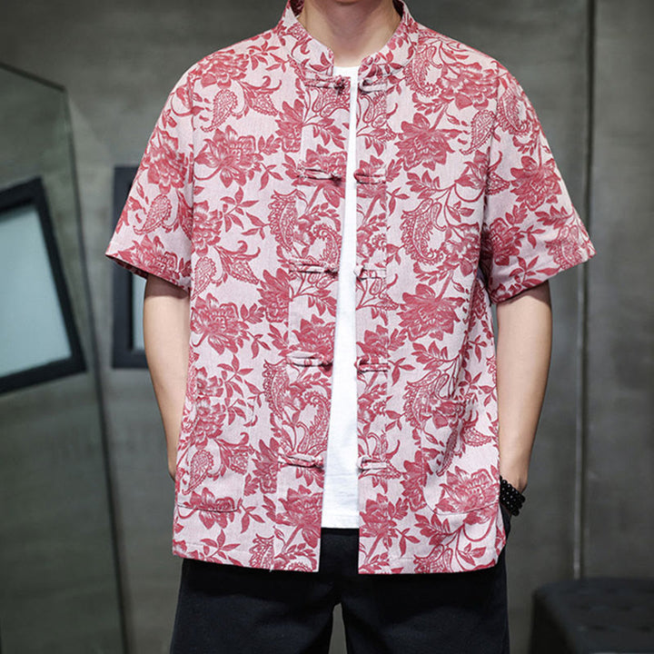 Buddha Stones Casual Jacquard Paisley Flower Plant Pattern Frog-Button Design Men's Cotton Shirt Cardigan With Pockets - image 4