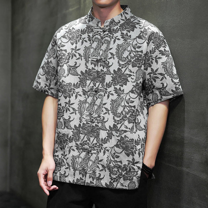 Buddha Stones Casual Jacquard Paisley Flower Plant Pattern Frog-Button Design Men's Cotton Shirt With Pockets - DimGray - US/UK/AU44，EU54 (4XL) - image 21