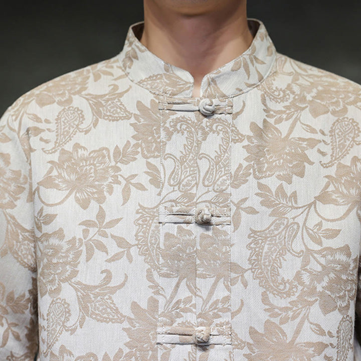 Buddha Stones Casual Jacquard Paisley Flower Plant Pattern Frog-Button Design Men's Cotton Shirt With Pockets - image 16