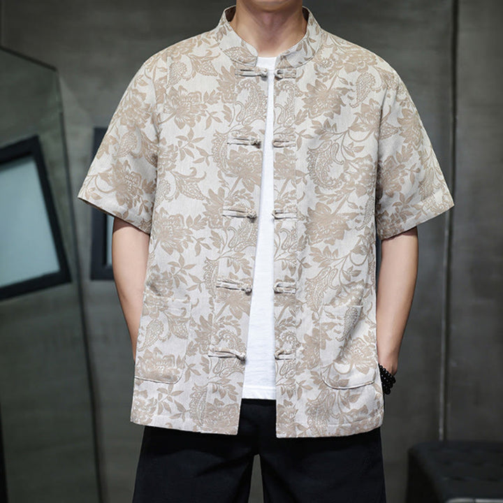 Buddha Stones Casual Jacquard Paisley Flower Plant Pattern Frog-Button Design Men's Cotton Shirt With Pockets - image 13