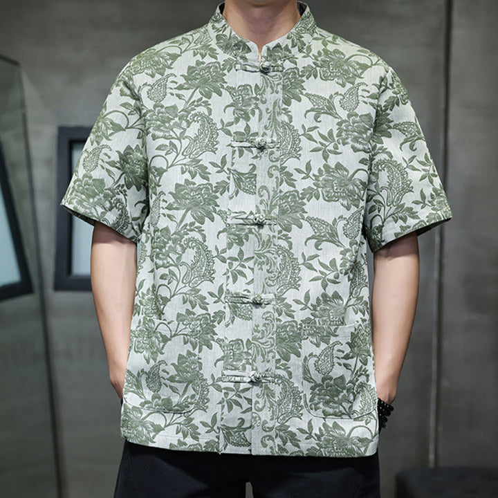 Buddha Stones Casual Jacquard Paisley Flower Plant Pattern Frog-Button Design Men's Cotton Shirt With Pockets - image 30