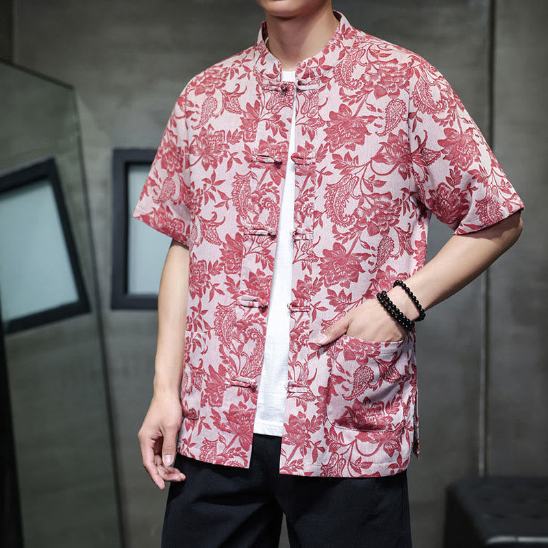 Buddha Stones Casual Jacquard Paisley Flower Plant Pattern Frog-Button Design Men's Cotton Shirt With Pockets - image 5