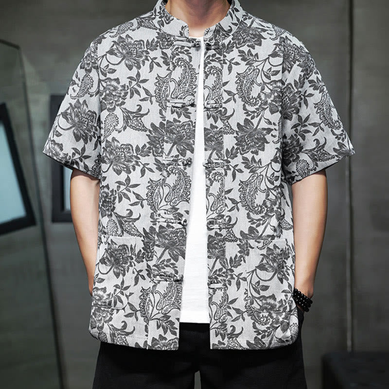 Buddha Stones Casual Jacquard Paisley Flower Plant Pattern Frog-Button Design Men's Cotton Shirt With Pockets - image 27