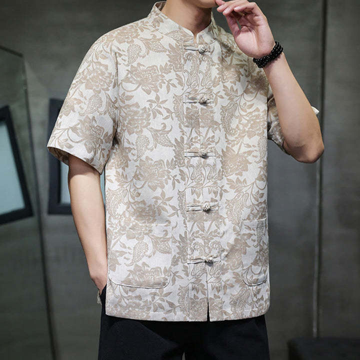 Buddha Stones Casual Jacquard Paisley Flower Plant Pattern Frog-Button Design Men's Cotton Shirt With Pockets - image 11