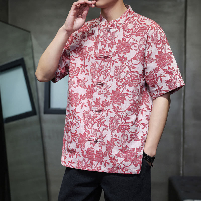 Buddha Stones Casual Jacquard Paisley Flower Plant Pattern Frog-Button Design Men's Cotton Shirt With Pockets - image 3