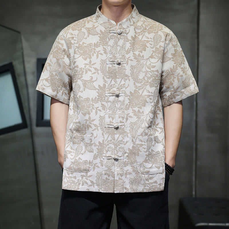 Buddha Stones Casual Jacquard Paisley Flower Plant Pattern Frog-Button Design Men's Cotton Shirt Cardigan With Pockets - Tan - US/UK/AU44，EU54 (4XL) - image 9