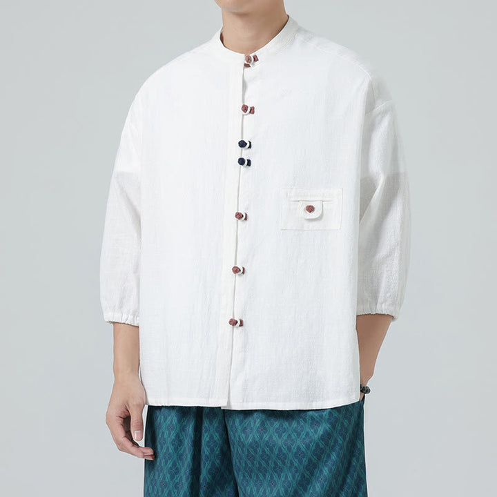 Buddha Stones Summer Frog-Button Front Stand Collar Men's Three Quarter Sleeve Cotton Shirt With Pocket - image 3