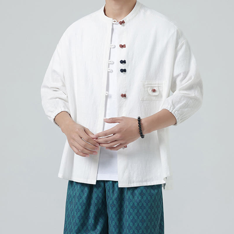 Buddha Stones Summer Frog-Button Front Stand Collar Men's Three Quarter Sleeve Cotton Shirt With Pocket - image 1