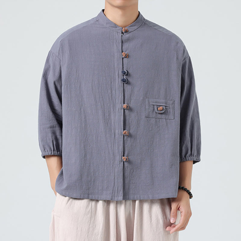 Buddha Stones Summer Frog-Button Front Stand Collar Men's Three Quarter Sleeve Cotton Shirt With Pocket - image 21