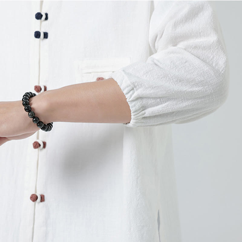 Buddha Stones Summer Frog-Button Front Stand Collar Men's Three Quarter Sleeve Cotton Shirt Cardigan With Pocket - image 8