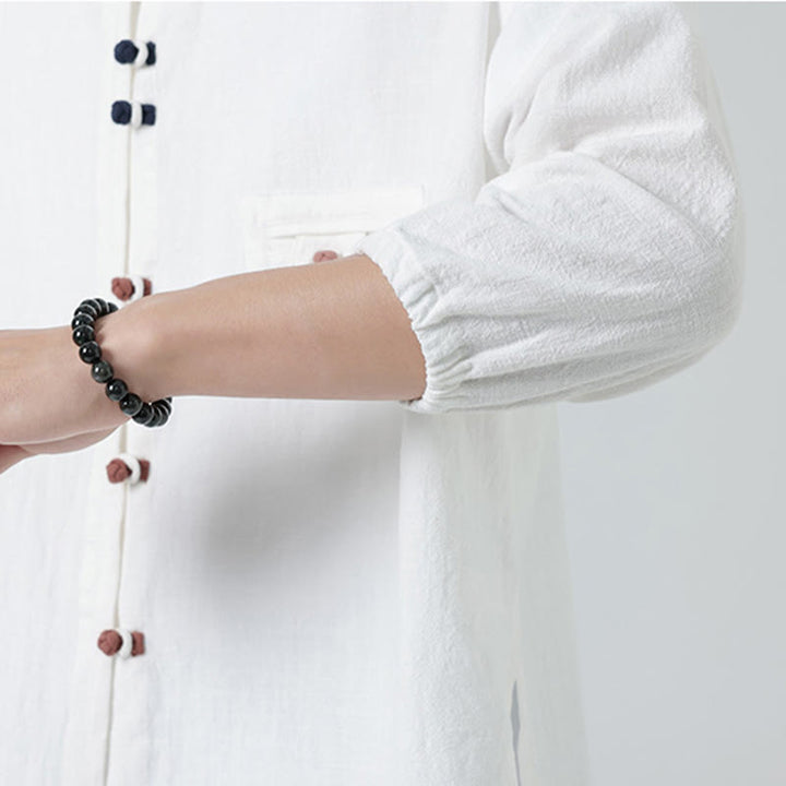 Buddha Stones Summer Frog-Button Front Stand Collar Men's Three Quarter Sleeve Cotton Shirt Cardigan With Pocket - image 8