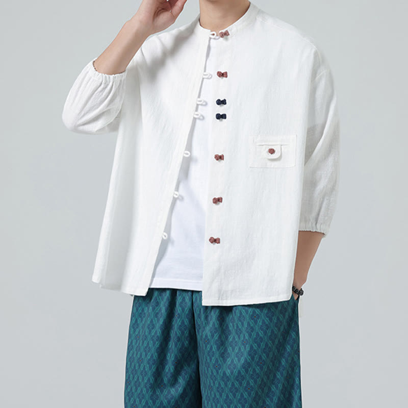 Buddha Stones Summer Frog-Button Front Stand Collar Men's Three Quarter Sleeve Cotton Shirt With Pocket - White - US/UK/AU46，EU56 (5XL) - image 0