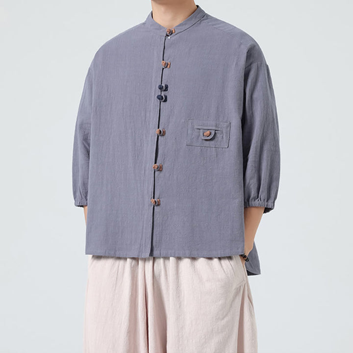 Buddha Stones Summer Frog-Button Front Stand Collar Men's Three Quarter Sleeve Cotton Shirt With Pocket - image 20